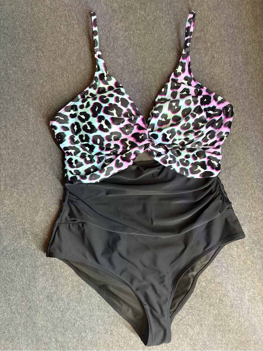 🆕 Cocopear Black One-Piece Swimsuit with Pink & Aqua Leopard Top Size M